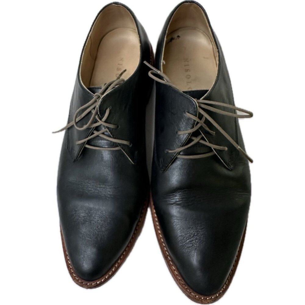 Nisolo women's 7.5 James Oxford black leather lace up almond toe shoes Peruian - Picture 5 of 9